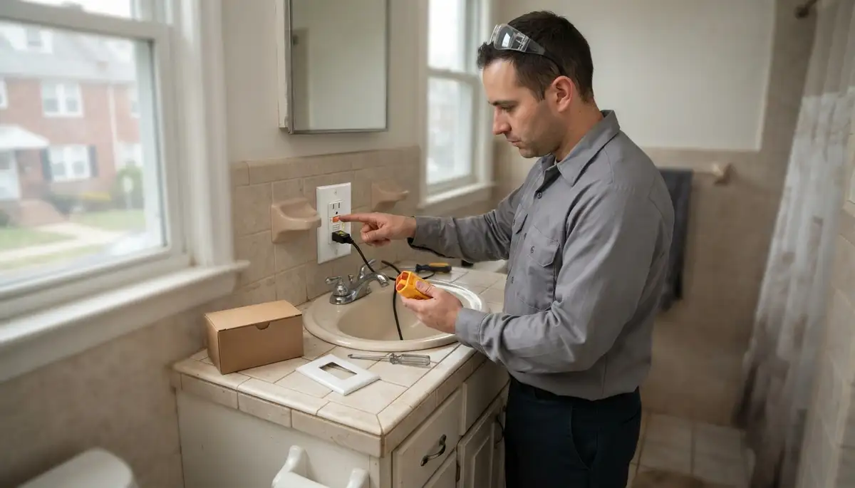 Electrician installing a GFCI outlet near a sink in a Mountain View, CA home