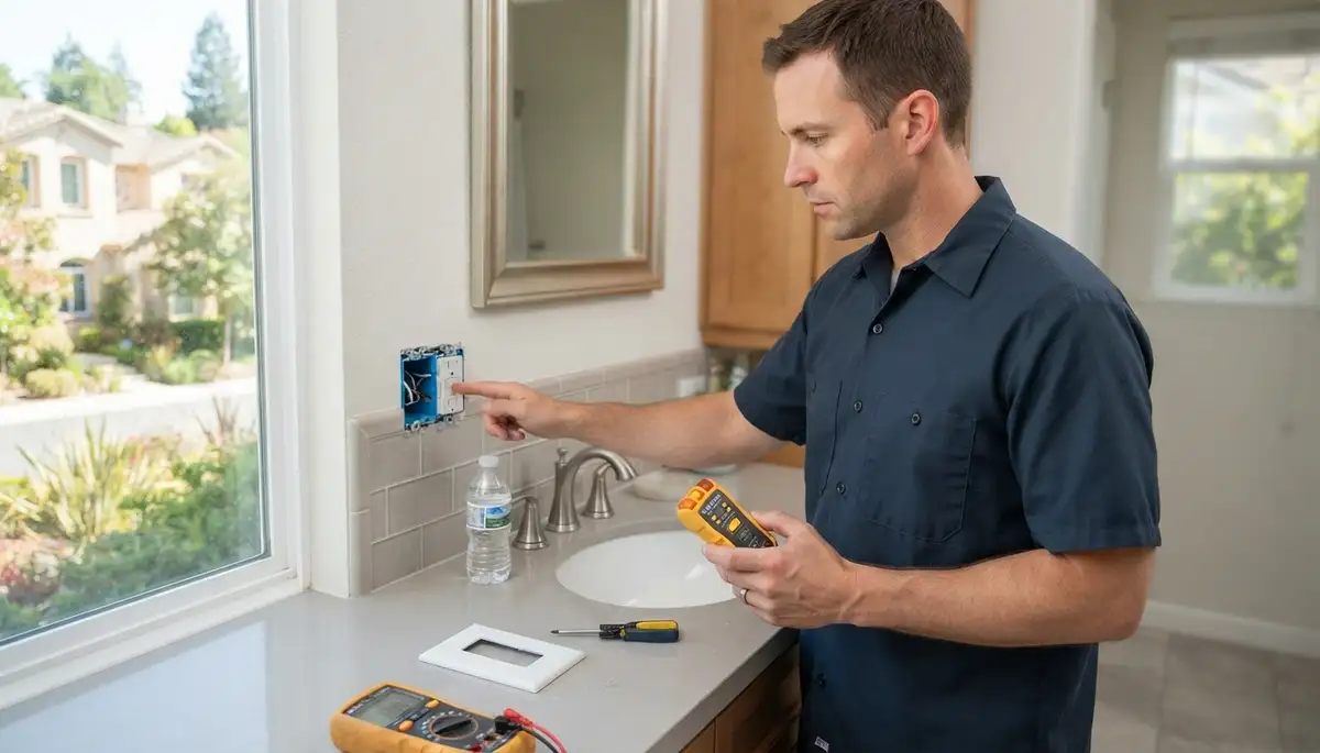 Electrician installing a GFCI outlet near a kitchen sink in Mountain View, CA