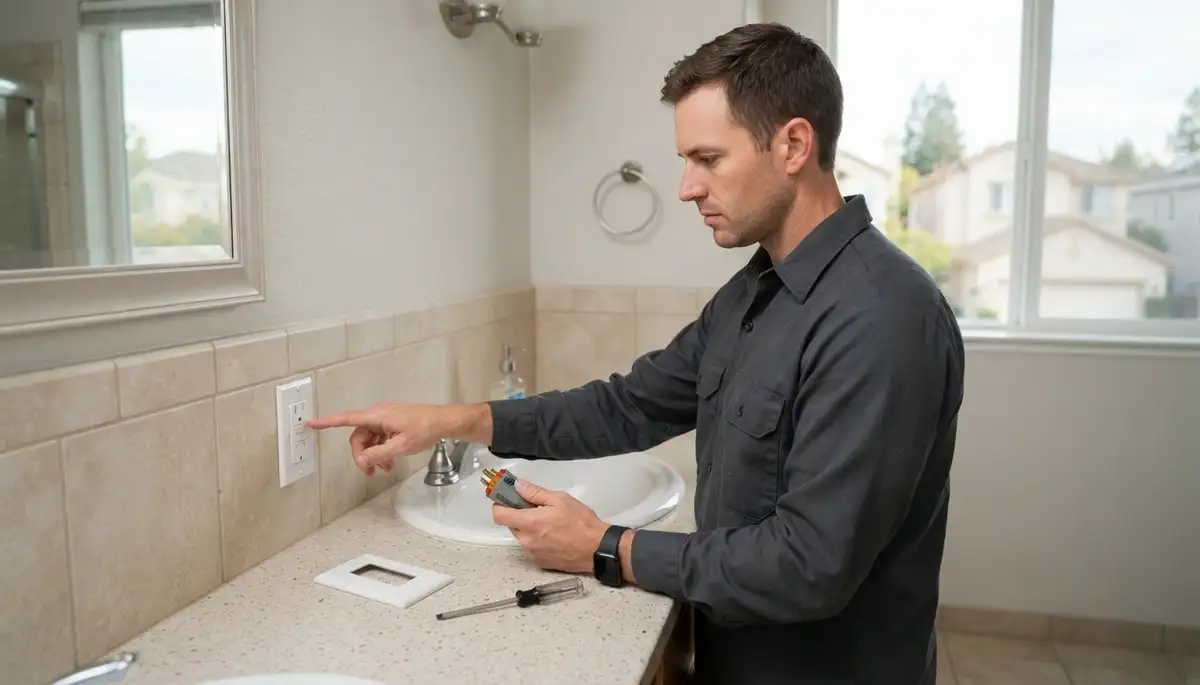 Electrician installing a GFCI outlet near a sink in a Mountain View, CA home