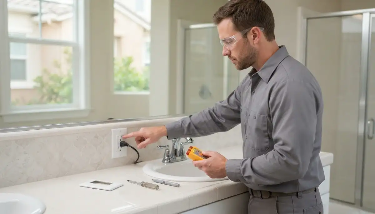 Electrician installing a GFCI outlet near a Mountain View, CA bathroom sink for wet-area shock protection