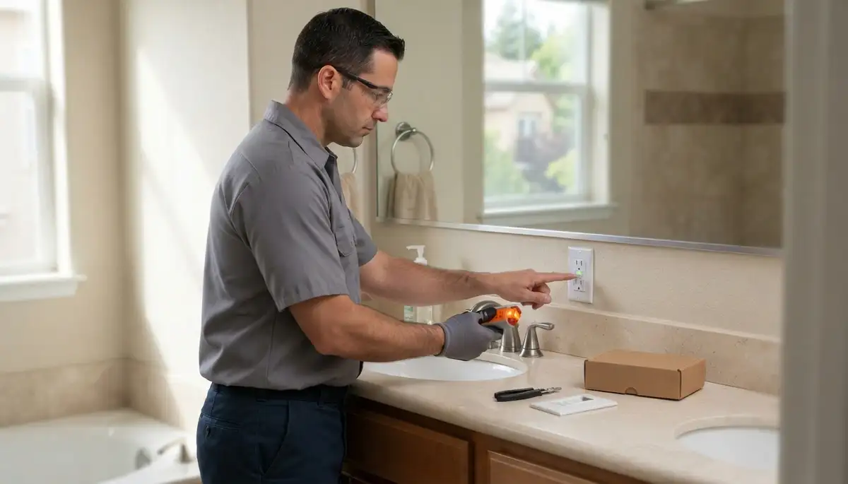 Electrician installing GFCI protection near a sink in a Saratoga, CA home