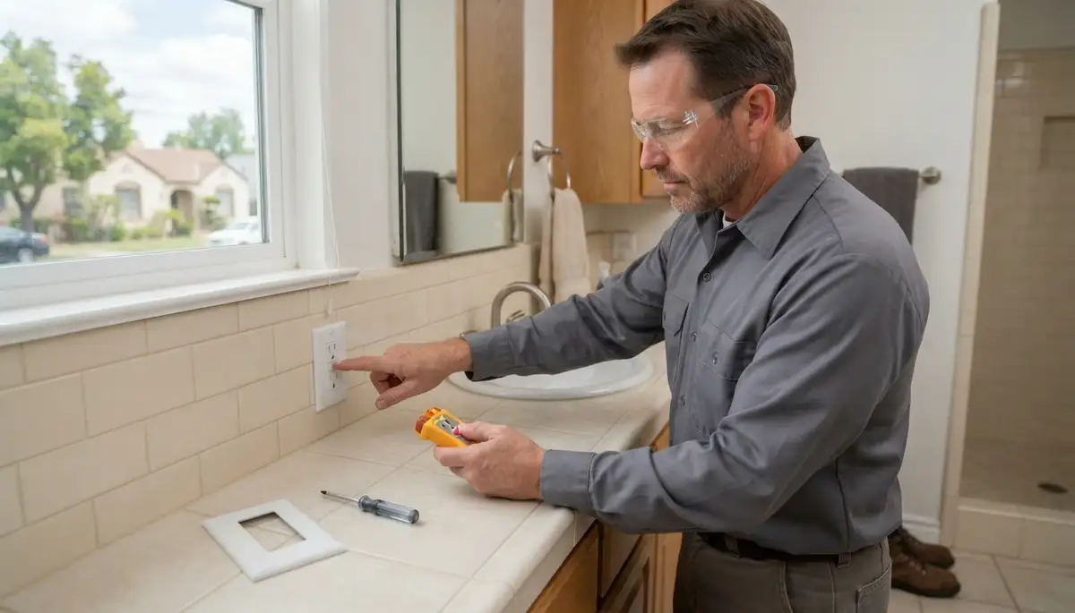 Electrician installing a GFCI outlet in a wet area of a Mountain View, CA home