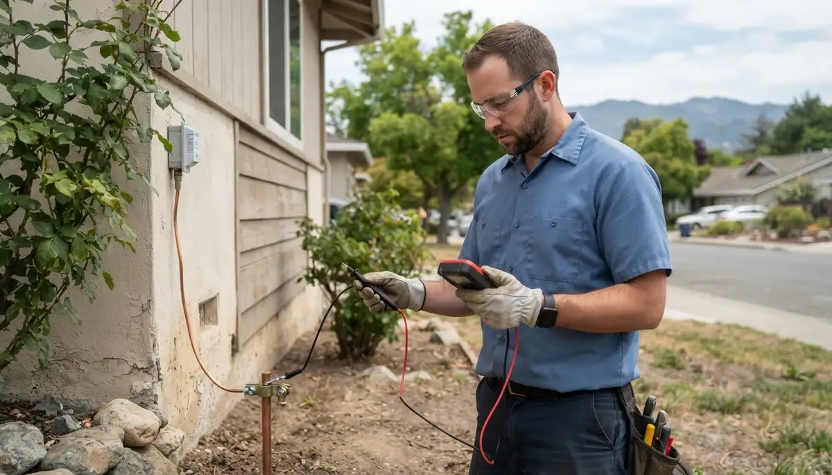 Electrician uses meter leads to test surge protector ground path in a Mountain View, CA home