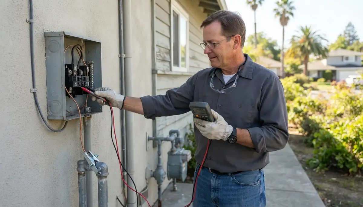 Mountain View, CA electrician verifies residential grounding and service voltage with a multimeter
