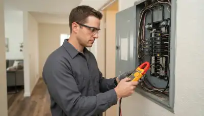 Electrician measures panel load with clamp meter for heater circuit in Mountain View, CA