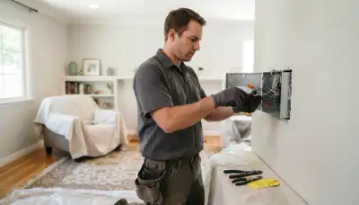 Residential electrician in Mountain View, CA works on an open device box with furniture protected