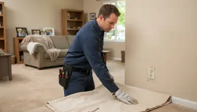 Residential electrician prepares a drop cloth beside an outlet during a home assessment in Mountain View, CA