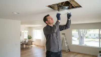 Electrician installing recessed lighting trim into a ceiling housing in a Mountain View, CA home