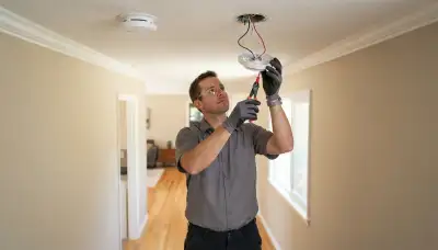 Electrician installing an interconnected smoke detector on a ceiling in Mountain View, CA