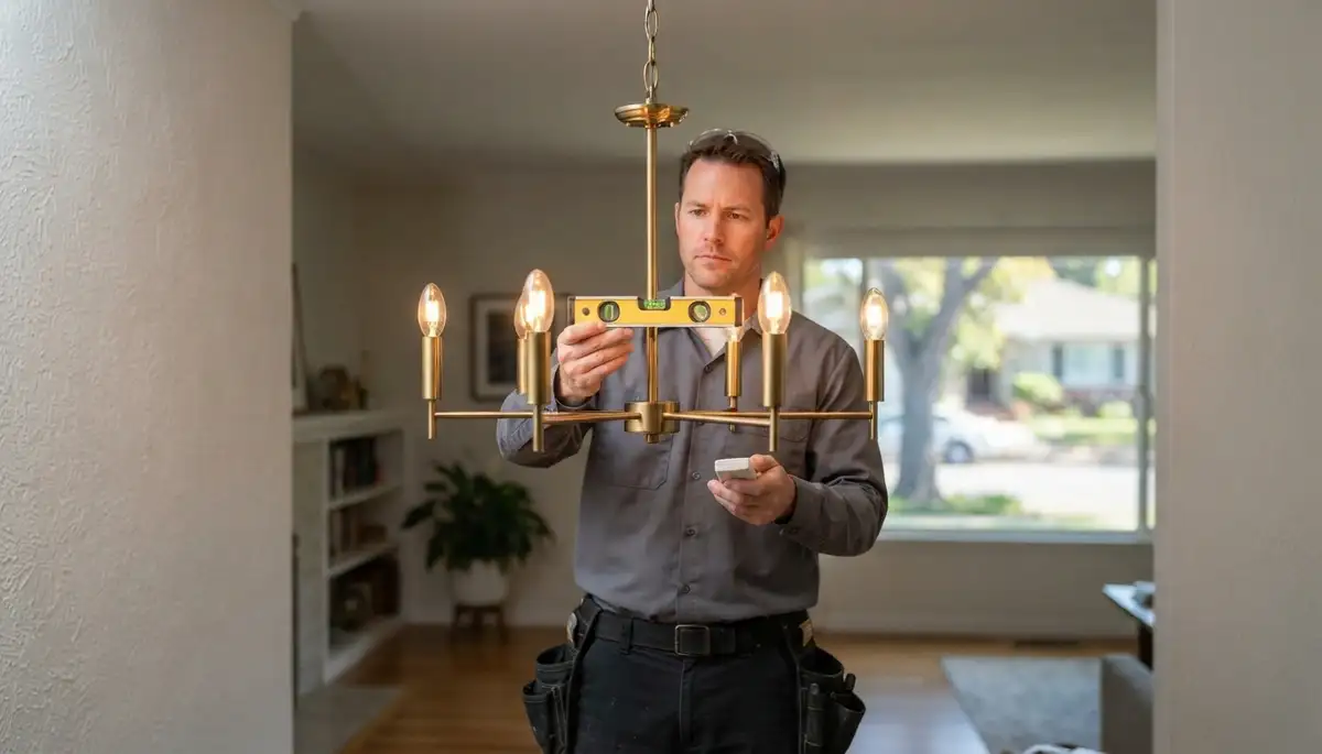 Electrician levels chandelier and tests dimmer operation in Mountain View, CA