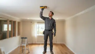 Electrician marks ceiling fixture locations with a stud finder during lighting installation in Mountain View, CA