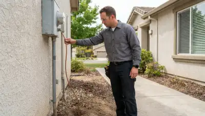 Electrician traces grounding electrode conductor during a lightning exposure assessment in Mountain View, CA