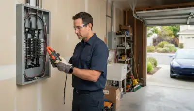 Electrician using a clamp meter for EV charger load calculation at a Mountain View, CA garage electrical panel
