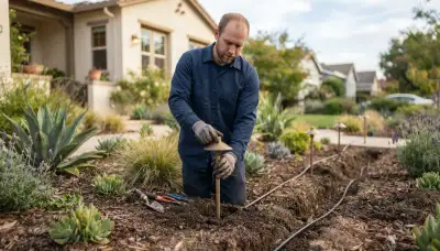 Electrician installing low-voltage landscape lighting and burying cable in a Mountain View, CA planting bed