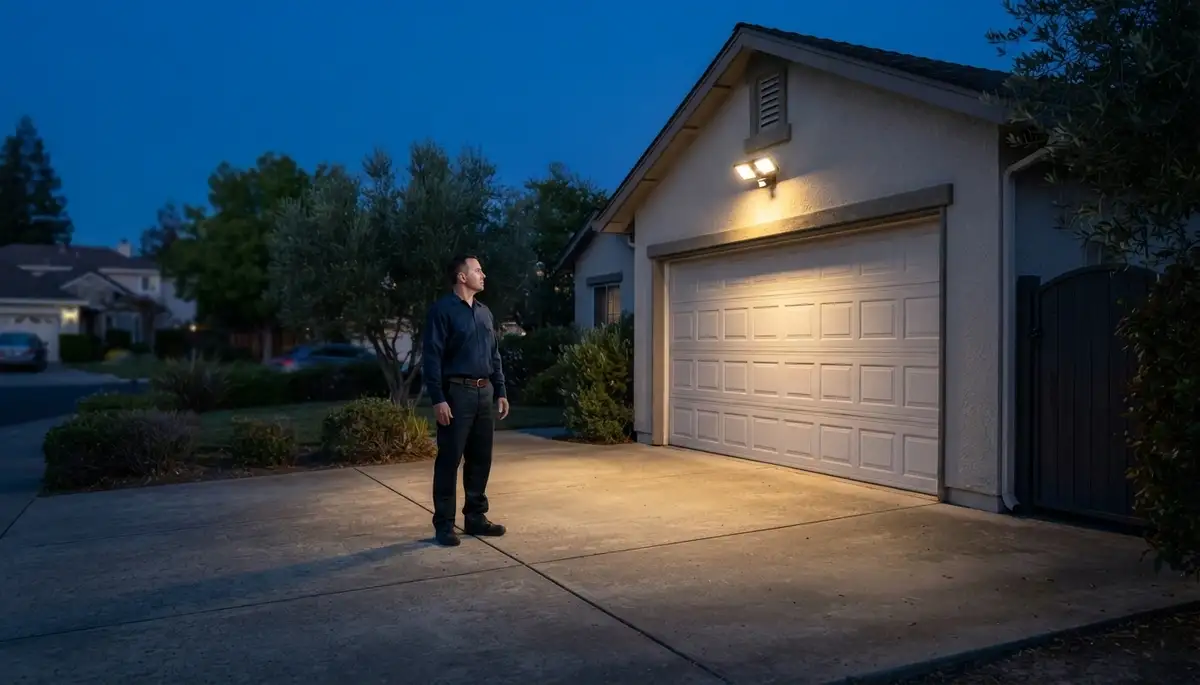 Electrician tests motion-activated security light coverage along a Mountain View, CA driveway at night