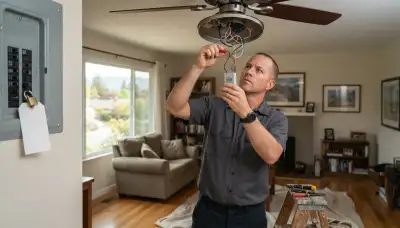 Electrician replacing a ceiling fan capacitor and wiring with breaker lockout in Mountain View, CA