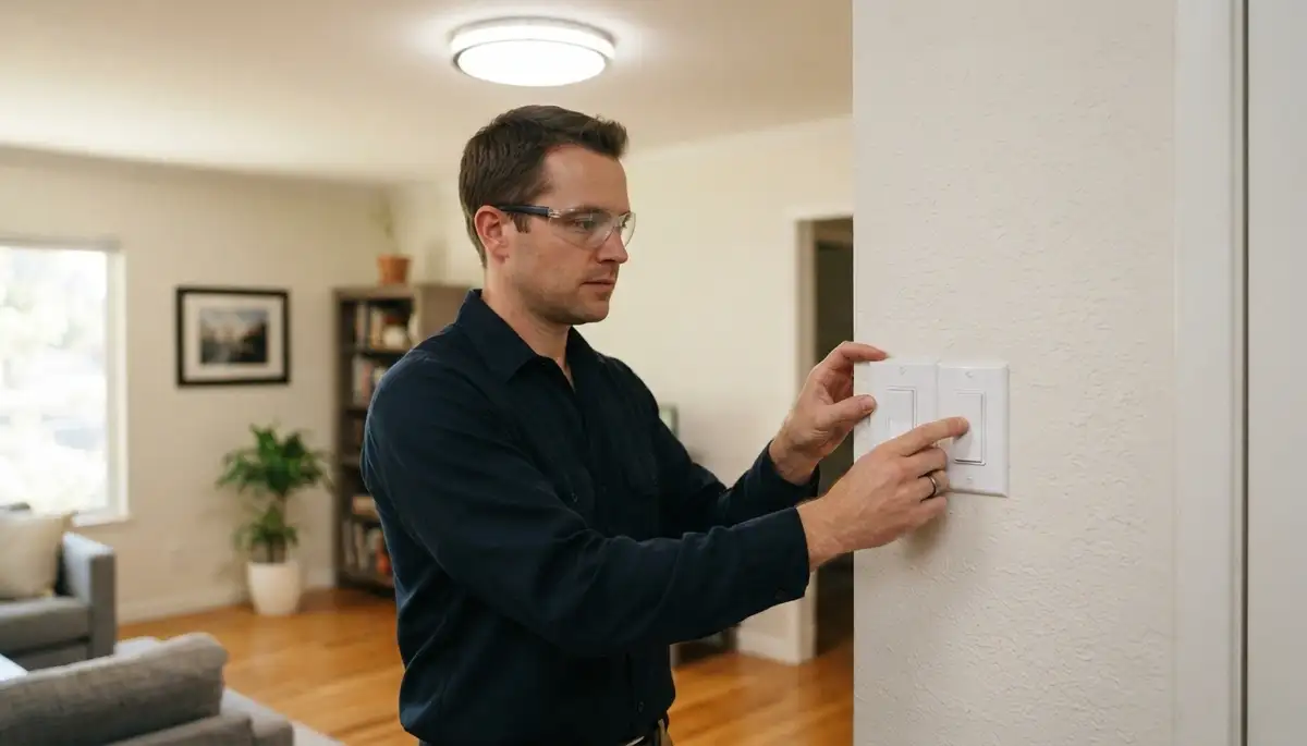 Electrician tests a repaired light switch for safe operation in a Mountain View, CA home