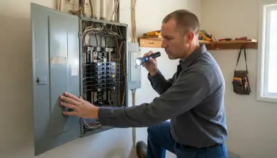 Electrician inspecting a home's electrical panel and breakers in Mountain View, CA