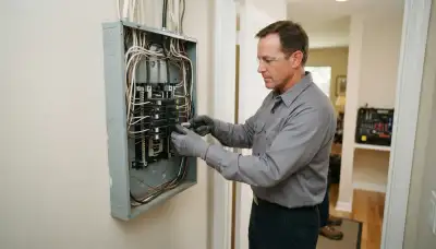 Licensed electrician seating a circuit breaker in a de-energized panel in Mountain View, CA