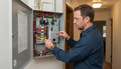 Electrician terminating fire alarm zone wires at a control panel in a Mountain View, CA home