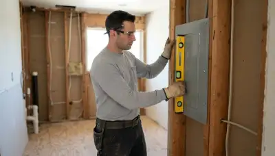 Licensed electrician leveling an electrical panel enclosure for installation in a Mountain View, CA home