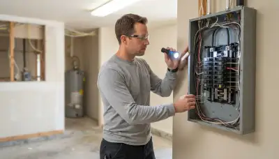 Electrician assessing an open electrical panel for whole-home surge protection in Mountain View, CA