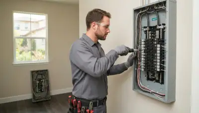 Electrician upgrading an electrical panel in an older Mountain View, CA home