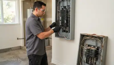 Electrician installing a modern electrical panel upgrade in an older Mountain View, CA home