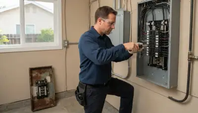 Electrician upgrading an electrical panel in an older Mountain View, CA home