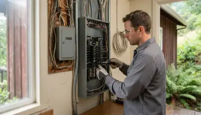 Electrician upgrading an older home's electrical panel in La Honda, CA