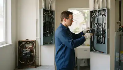 Electrician upgrading an older Los Altos, CA home electrical panel to 200 amps