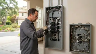 Electrician installing a 200-amp panel upgrade in an older Mountain View, CA home