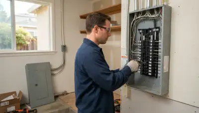Electrician upgrading an electrical panel in an older Mountain View, CA home