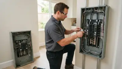 Electrician upgrading an older home's electrical panel in Mountain View, CA
