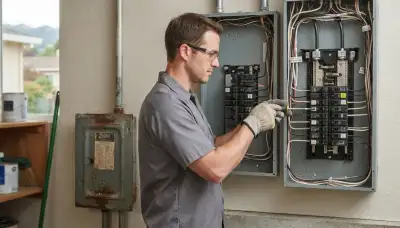 Electrician upgrading an electrical panel in an older Mountain View, CA home for safer modern power capacity