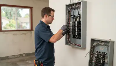 Electrician upgrading an electrical panel in an older Mountain View, CA home