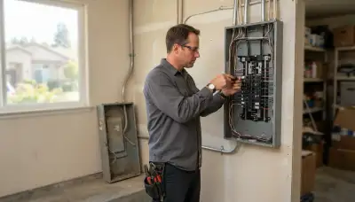 Electrician upgrading an older home's electrical panel in Mountain View, CA