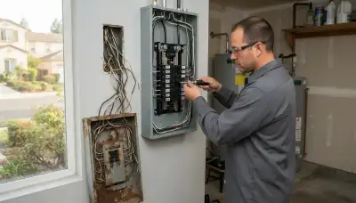 Electrician upgrading an electrical panel in an older Mountain View, CA home
