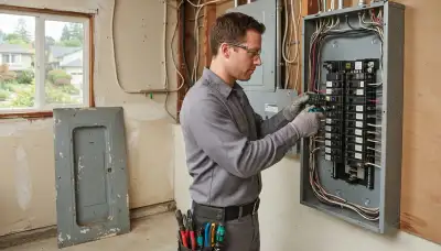 Electrician upgrading an outdated electrical panel in an older Woodside, CA home