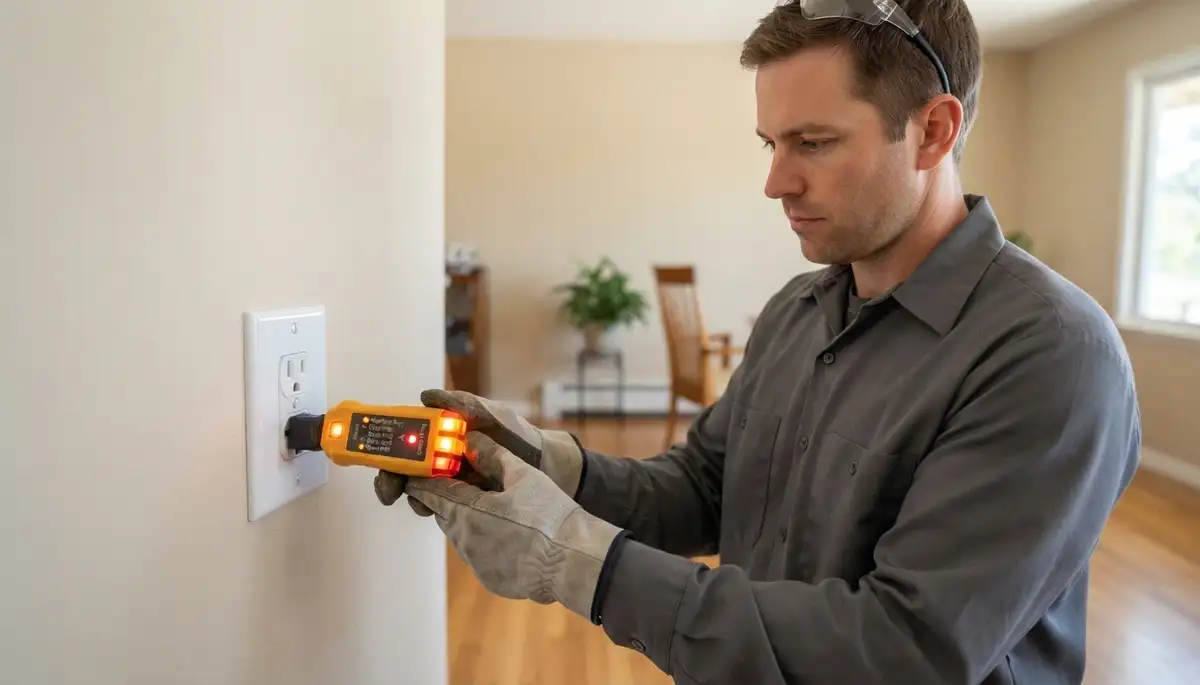 Electrician tests repaired outlet polarity and ground in a Mountain View, CA home