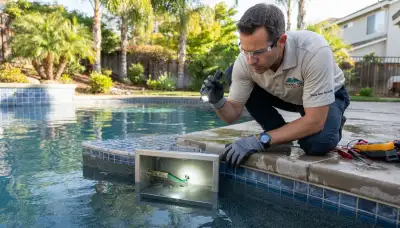 Electrician assessing pool light niche bonding for electrical safety in Mountain View, CA