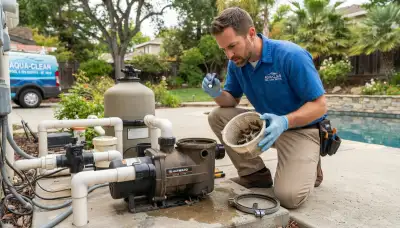 Electrician inspecting a pool pump strainer basket and shaft seal in Mountain View, CA