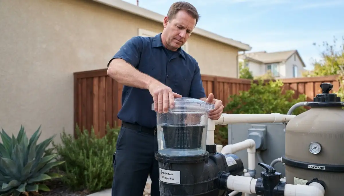 Electrician closes pool pump strainer lid to verify water flow and pressure in Mountain View, CA