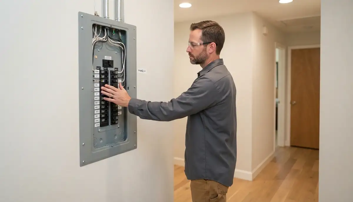Electrician inspects completed electrical panel during final walkthrough in Mountain View, CA