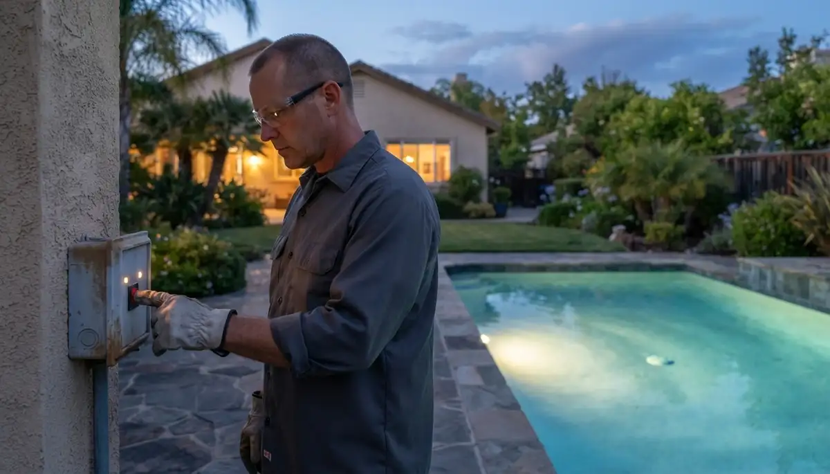Electrician tests pool GFCI at deck panel as Mountain View, CA pool lights illuminate the water