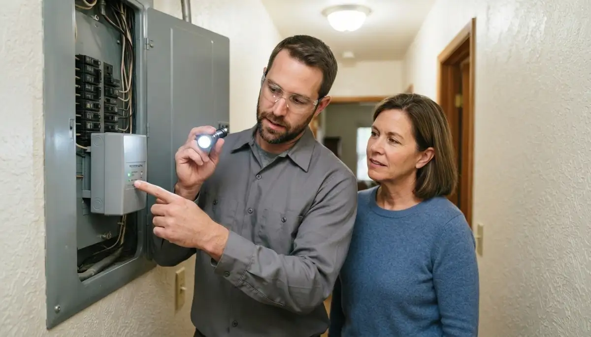 Electrician verifies active whole-home surge protection with a homeowner in Mountain View, CA