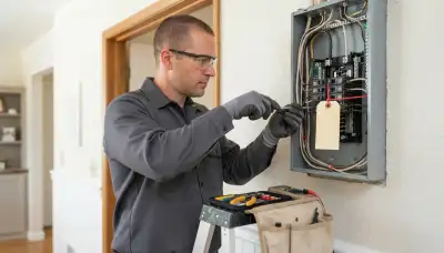Electrician performing lockout-tagout circuit repair in a Mountain View, CA home