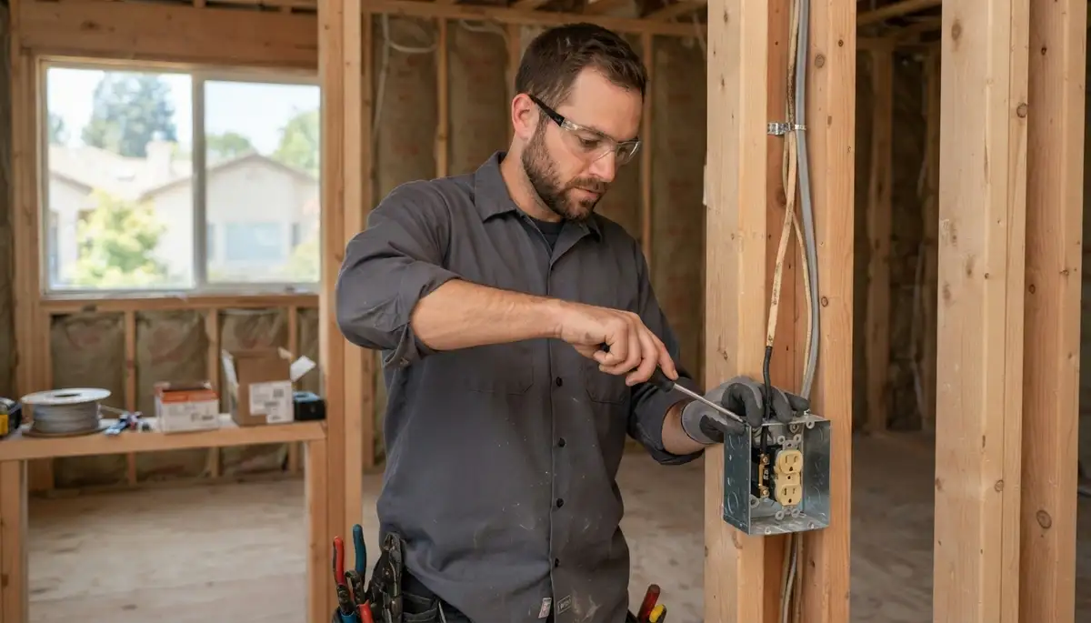 Electrician rewiring a Mountain View, CA home with new code-compliant cables and added circuits in wall studs