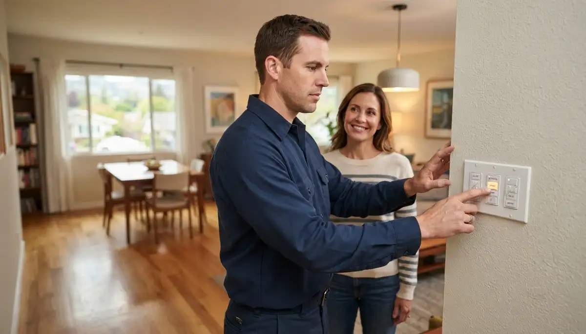 Electrician verifying programmable lighting scenes with a homeowner in Mountain View, CA