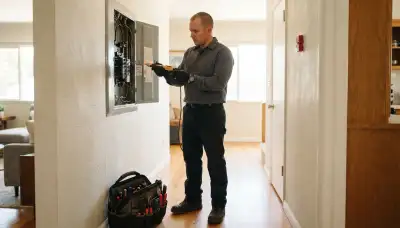 Electrician diagnosing an open electrical panel with a voltage tester in a Mountain View, CA home